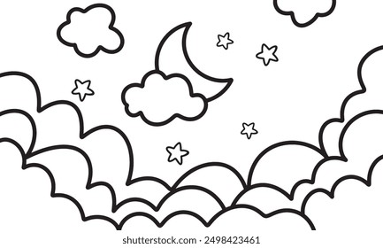 night sky with stars and moon. paper art style. Dreamy background with moon stars and clouds, abstract fantasy background. Half moon, stars and clouds on the dark night sky background.