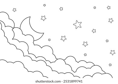 night sky with stars and moon. paper art style. Dreamy background with moon stars and clouds, abstract fantasy background. Half moon, stars and clouds on the dark night sky background. coloring book 