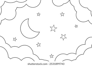 night sky with stars and moon. paper art style. Dreamy background with moon stars and clouds, abstract fantasy background. Half moon, stars and clouds on the dark night sky background. coloring book 