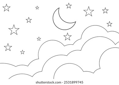 night sky with stars and moon. paper art style. Dreamy background with moon stars and clouds, abstract fantasy background. Half moon, stars and clouds on the dark night sky background. coloring book 