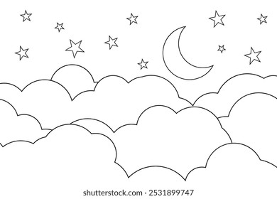 night sky with stars and moon. paper art style. Dreamy background with moon stars and clouds, abstract fantasy background. Half moon, stars and clouds on the dark night sky background. coloring book 