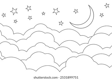 night sky with stars and moon. paper art style. Dreamy background with moon stars and clouds, abstract fantasy background. Half moon, stars and clouds on the dark night sky background. coloring book 