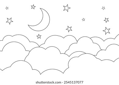 night sky with stars and moon. paper art style. Dreamy background with moon stars and clouds, abstract fantasy background. Half moon, stars and clouds on the dark night sky background.