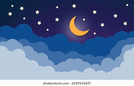 night sky with stars and moon. paper art style. Dreamy background with moon stars and clouds, abstract fantasy background. Half moon, stars and clouds on the dark night sky background.	