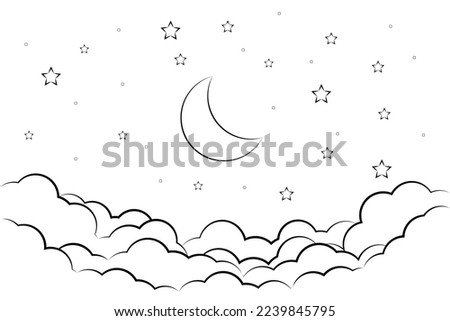 night sky with stars and moon. paper art style. Dreamy background with moon stars and clouds, abstract fantasy background. Half moon, stars and clouds on the dark night sky background.