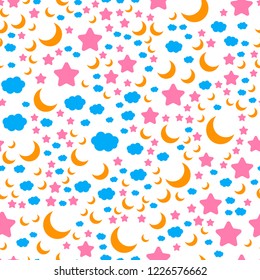 Night Sky. Stars and Moon. Seamless vector EPS 10 Pattern.