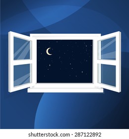 Night sky with stars and moon seen through a window.