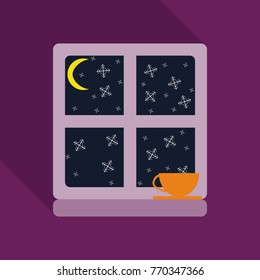 Night sky with stars and moon seen through a window with cup of coffee