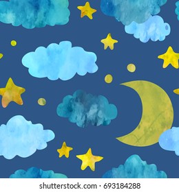 Night sky with stars, moons and clouds.Seamless pattern. Watercolour imitation