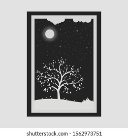 Night sky with stars and moon.Vector of a crescent moon with stars on a cloudy night sky. Moon and stars background.night with moon and tree.