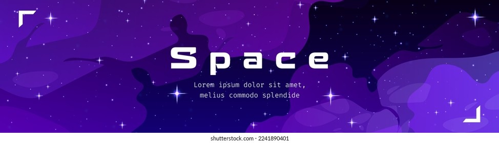 Night sky with stars and nebula effect, planetarium website or banner design template. Cartoon vector illustration of starry space background, stardust sparkling in darkness, milky way, place for text