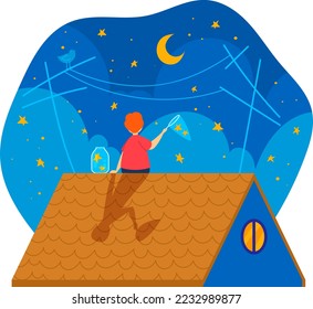 Night sky with stars, person sitting for romantic view, vector illustration. Young cute boy at house roof design, child admiring at home.