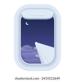Night sky stars plane window icon cartoon vector. Outside travel. Vacation view
