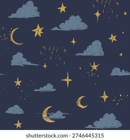 Night sky with stars, seamless pattern, hand-drawn vector doodles