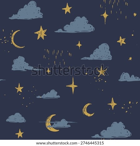 Night sky with stars, seamless pattern, hand-drawn vector doodles