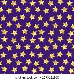 Night sky with stars seamless vector pattern. Cartoon fortune gold and sail champagne star shapes on purple background endless texture. Magic tricks childish seamless pattern. One of the series
