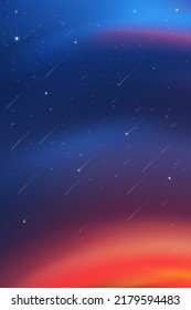 Night Sky With Stars Shining And Comet Falling, Landscape Dramatic Sky In Dark Blue Color,Beautiful Panoramic View Of Dusk Sky And Twilight,Vertical Vector Illustration Natural Background,Romantic Sky