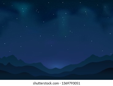 Night sky with stars and silhouette of mountains, vector eps10 illustration