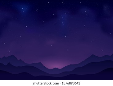 Night sky with stars and silhouette of mountains, vector eps10 illustration