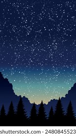 Night sky with stars and silhouette of pine trees. Vector illustration with gradient sky and mountain landscape. Nature and outdoor concept for poster and wallpaper.