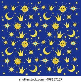 Night sky with stars, sun, crown and moon. Baby background. Vector illustration