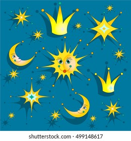 Night sky with stars, sun, crown and moon. Baby background. Vector illustration