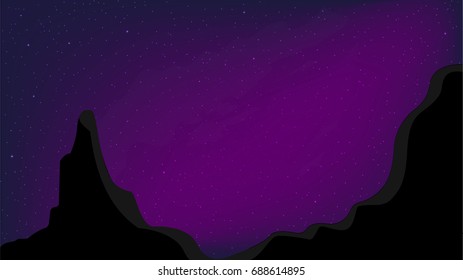 Night sky with stars. Vector background. place for your text. Milky Way galaxy. Space. Mountain silhouette. Illustration.