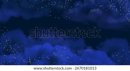 Night sky with stars vector background. Realistic dark blue clouds and shining golden glitter. Luxury background