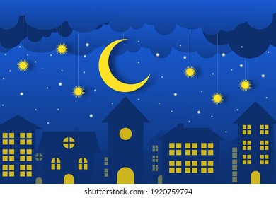 night sky with stars and yellow moon clouds rise in the white city. Vector of a crescent yellow moon with yellow stars on a cloudy night sky. Moon and stars blue night background.