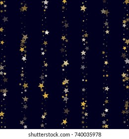 Night Sky Striped Vector Background. Golden Stars Glitter Stripes on Dark Background. Greeting Card, Invitation Template with Stars Confetti.