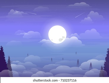Night sky with sun and clouds,landscape illustration with vibrant color.