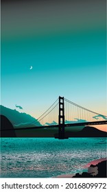 
night sky sunset coast water sea ocean romance thoughts feelings vector clear sky waves dawn clouds mountains hills travel adventure vacation vacation weekend greeting card booklet golden gate bridge