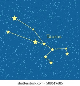 Night sky with Taurus constellation. Vector illustration. Traditional zodiacal sign on celestial sphere marked bright stars and lines. For astrological, astronomical, educational, science concepts