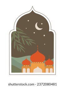 Nachthimmel Tempel, Mond und Sterne. Muslimisches Motiv in einer schönen Form. Flache Vektorgrafik, eps10