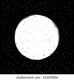 Night sky with tiny stars and big moon, planet, asteroid, sphere. Hand drawn vector cosmic background with spray, specks, dots grunge texture. Space for text, congratulations. Card, poster template.