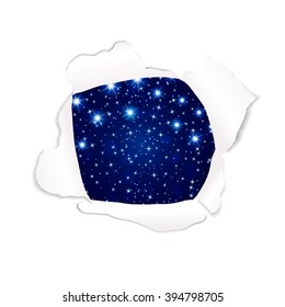 night sky in torn paper hole. Vector illustration.