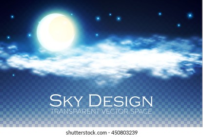 Night Sky  Transparent Design  Shining Gradient Environment Space  Moon  Stars   Clouds  Vector illustration