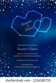 Night Sky Trendy Wedding Invitation Card, Save the Date Celestial Template with Moon, Stars, Galaxy, Space Illustration in vector