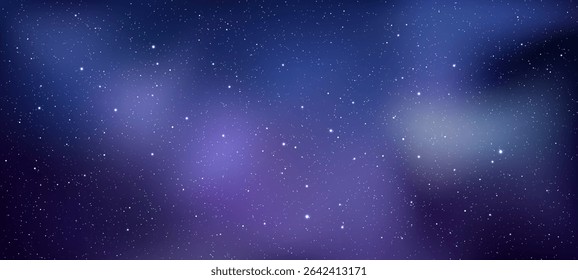 Night sky with twinkling stars and cosmic dust. Galaxy nebula background. Universe banner with purple and blue starry outer space.