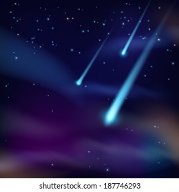 Night sky with twinkling stars and flying comets on dark background vector illustration 