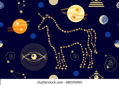 Night sky and unicorn. Abstract seamless vector pattern with magic animals, constellations, stars, astrological symbols and moon. 1950s-1960s motifs. Retro textile collection. Golden on dark.