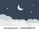 Night sky. Universe background design. Moonlight night sky. Stars, moon in night sky background. Dark blue space background with stars. Wallpaper, template design. Vector illustration.