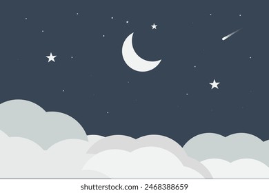 Night sky. Universe background design. Moonlight night sky. Stars, moon in night sky background. Dark blue space background with stars. Wallpaper, template design. Vector illustration.