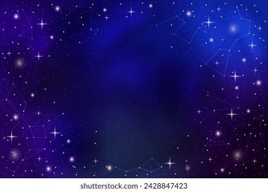 Night sky vector background with shining stars. Space backdrop with constellation. Celestial or stellar atlas illustration. Dark galaxy nebula with starry glow and starlight. Astronomy and astrology