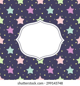 Night sky vector card with space for text. Seamless night pattern with cute multicolor stars for kids holidays. Baby shower vector background illustration. Cute child drawing style xmas pattern. 