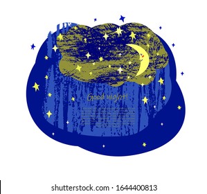 night sky vector frame background design with hand drawn texture. childish illustration. stars, clouds and the moon. place for your text.