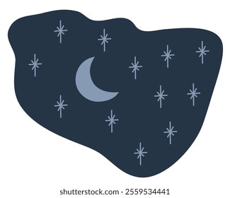 Night sky vector illustration in simple cartoon style with a crescent moon and twinkling stars on a dark background. Perfect for dreamy designs, storytelling visuals, or celestial-themed projects