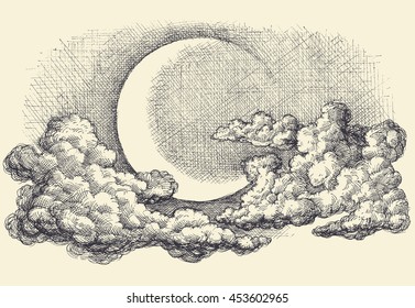 Night sky vector  moon in the clouds hand drawing