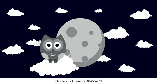 vector cielo nocturno con luna. el búho gris se sienta en una nube. las nubes flotan al lado de la luna.