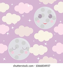 Night sky vector pattern. Cute smiling moon, stars, clouds background. Baby print in soft, pastel colors. 